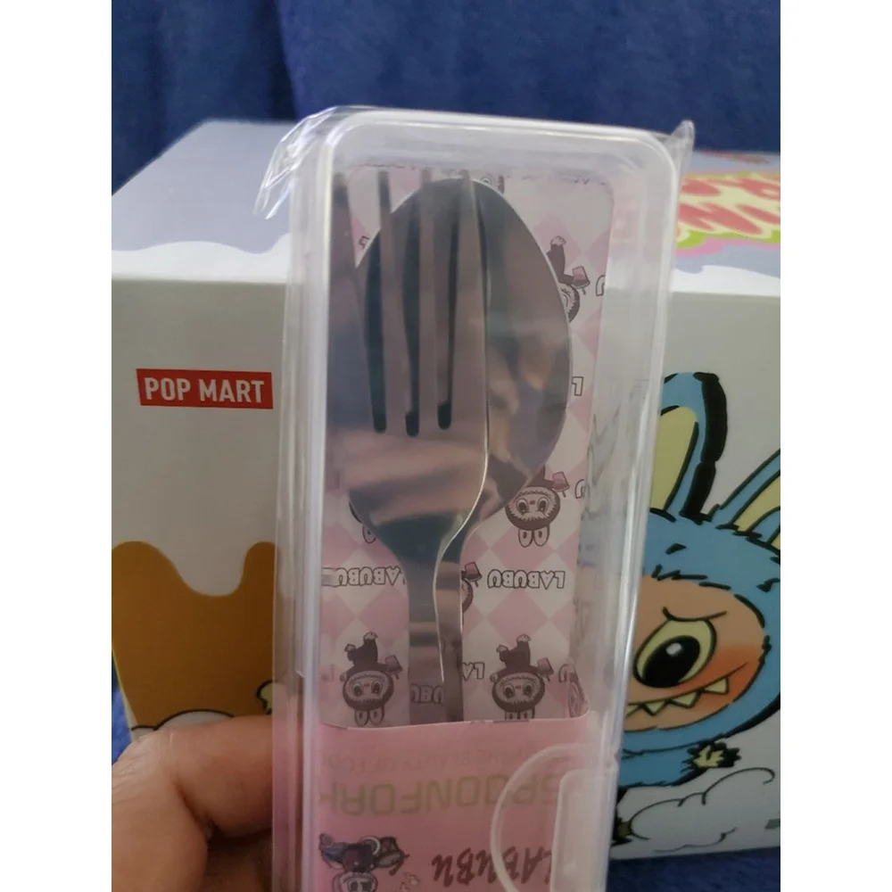 Labubu White Silver Flatware Set One Spoon and Fork in a plastic carrying case.